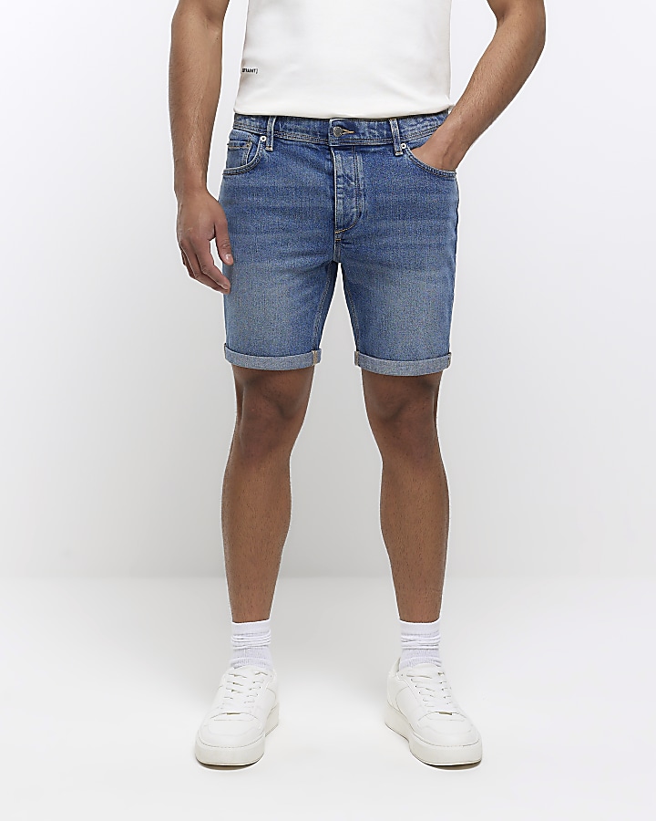 Blue slim fit faded denim shorts | River Island