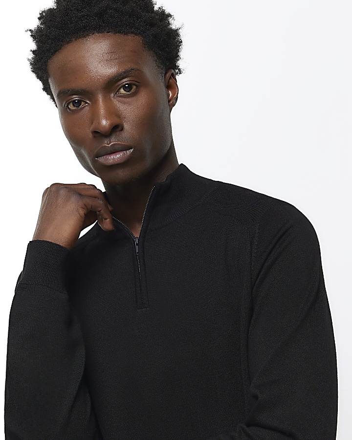 Black slim fit knitted half zip jumper River Island