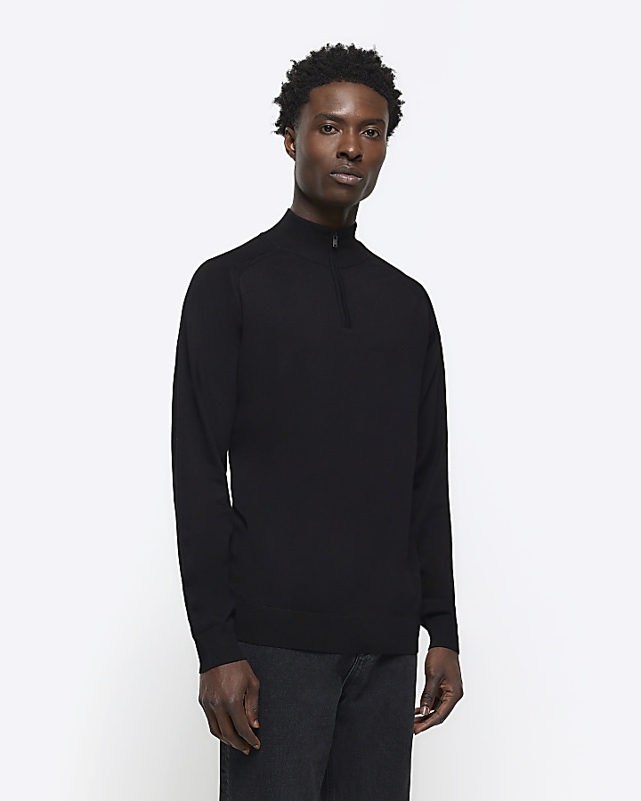 Black slim fit knitted half zip jumper