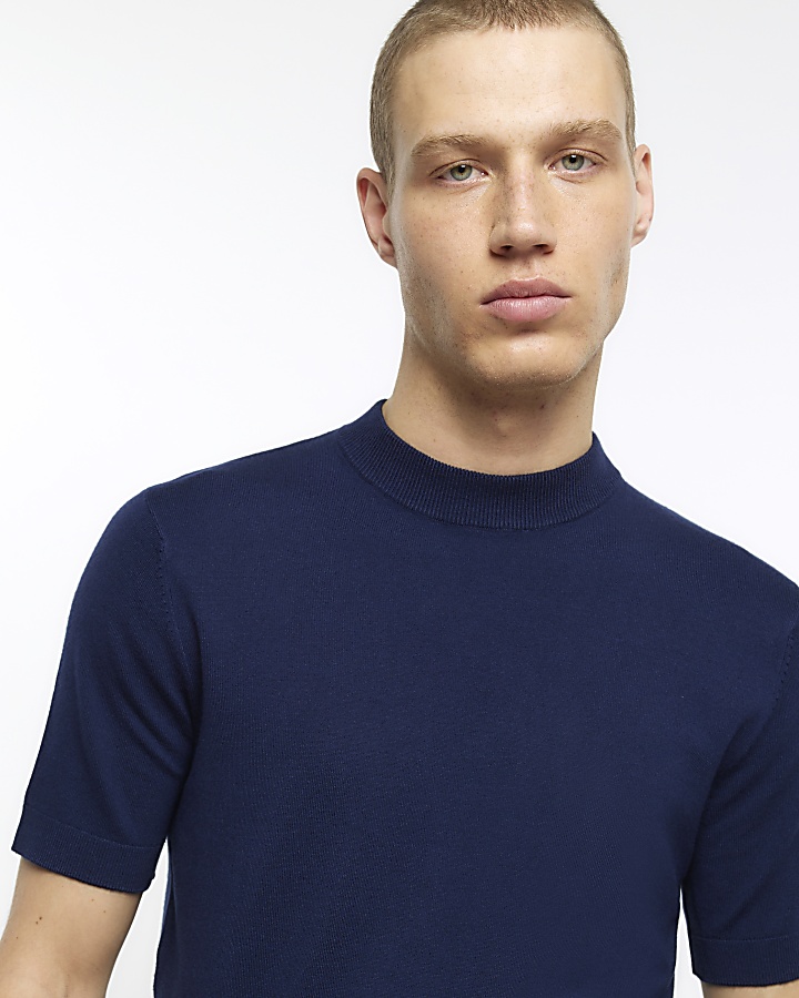 Navy slim fit knitted t-shirt