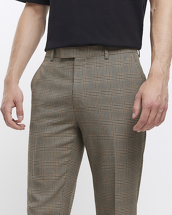 Brown slim fit check suit trousers