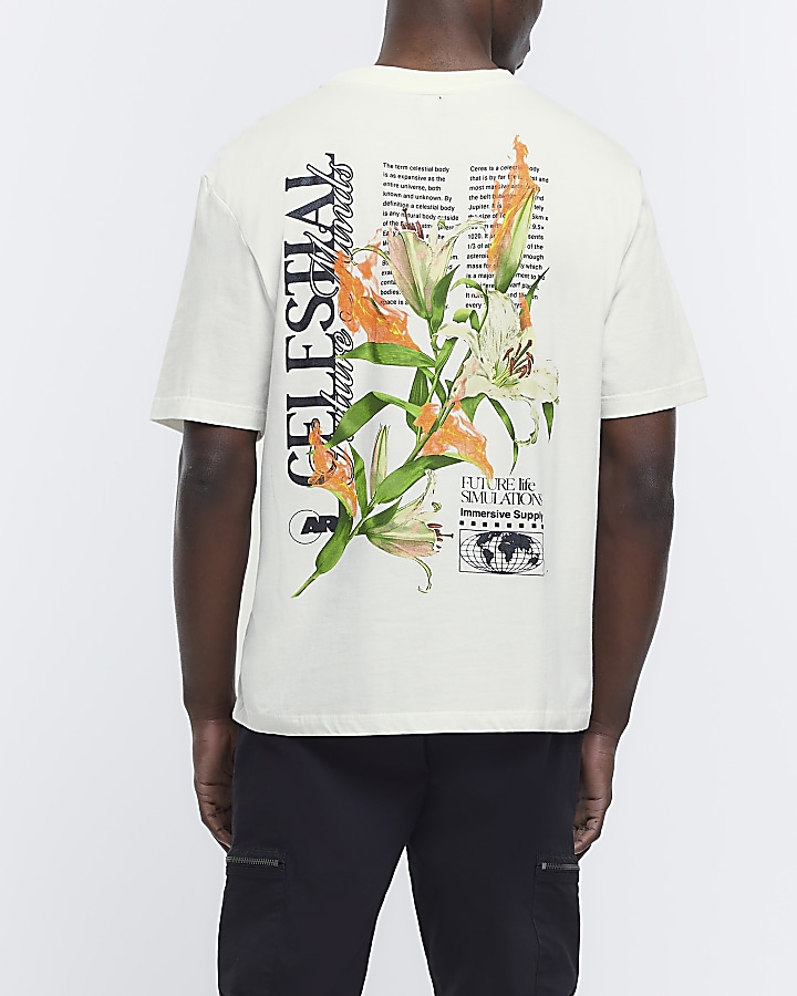 Beige oversized fit graphic floral t-shirt