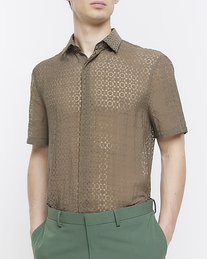 Brown lace floral detail short sleeve shirt