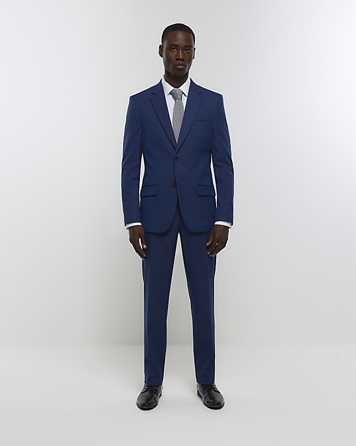 Blue slim fit twill suit trousers