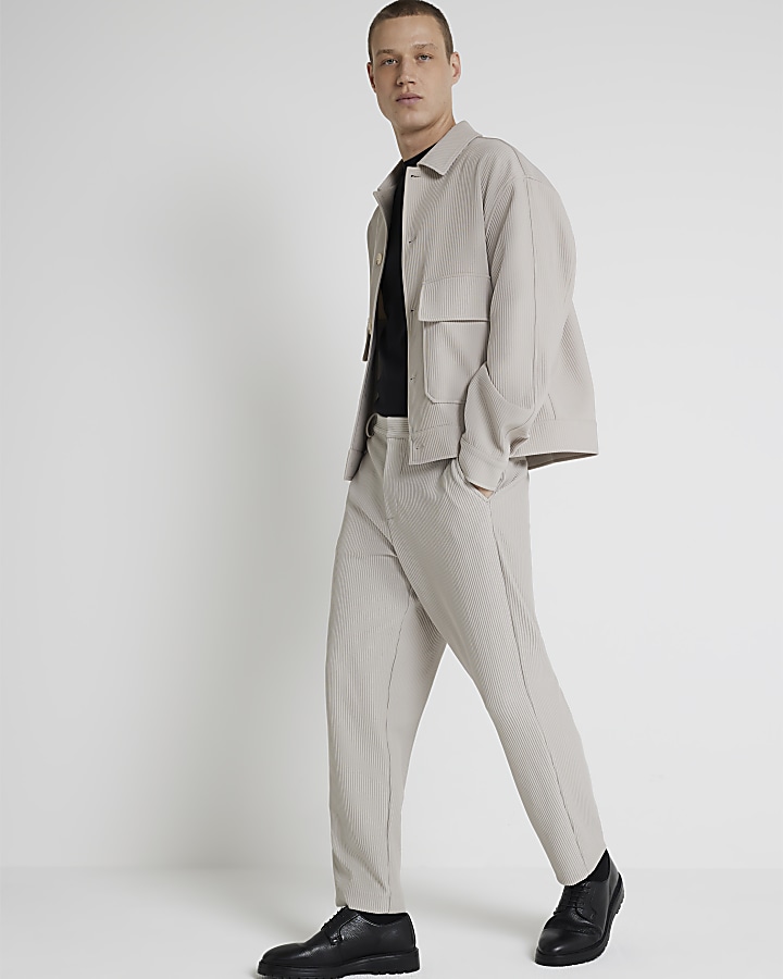 Beige tapered fit plisse smart trousers