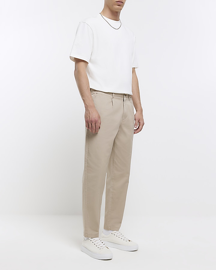 Beige tapered fit casual chino