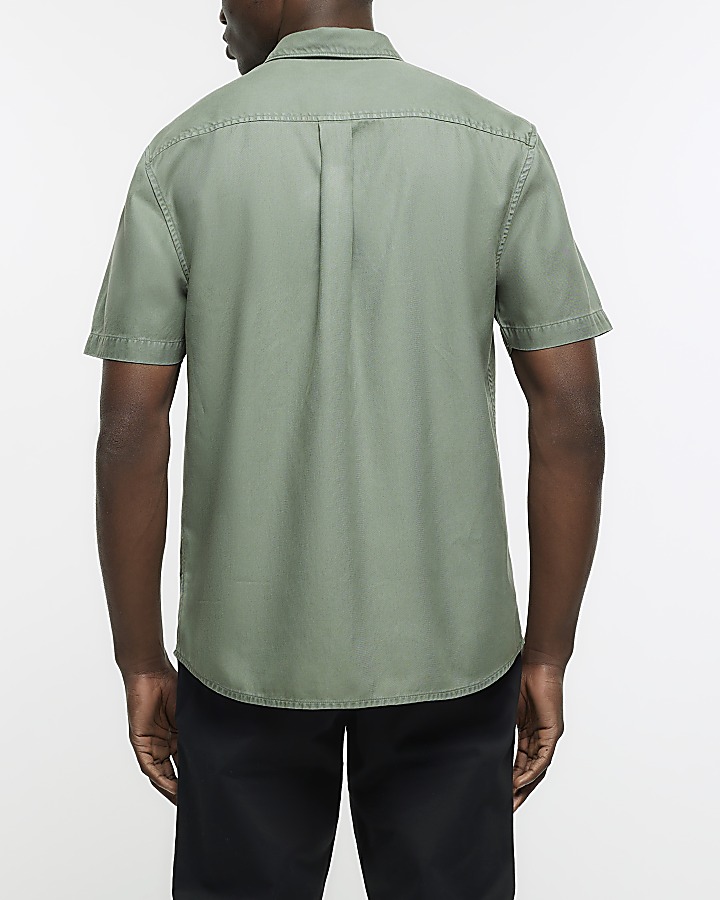 Khaki regular fit short sleeve lyocell shirt | River Island