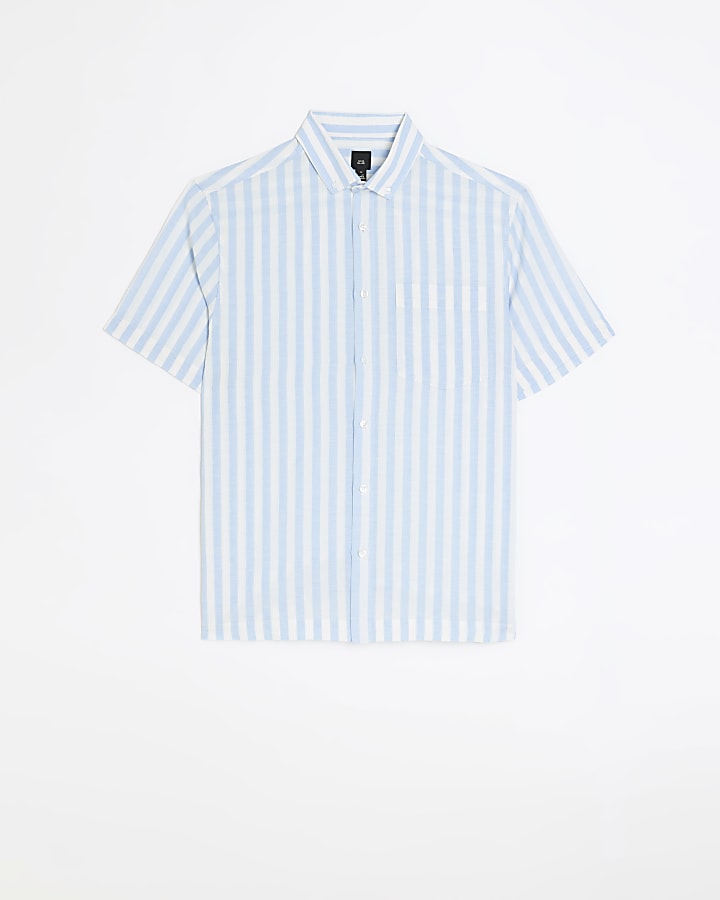Blue regular fit linen blend striped shirt