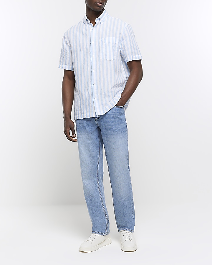 Blue regular fit linen blend striped shirt