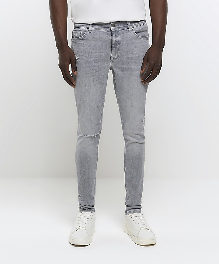 Grey super skinny fit spray on ripped jeans | River Island