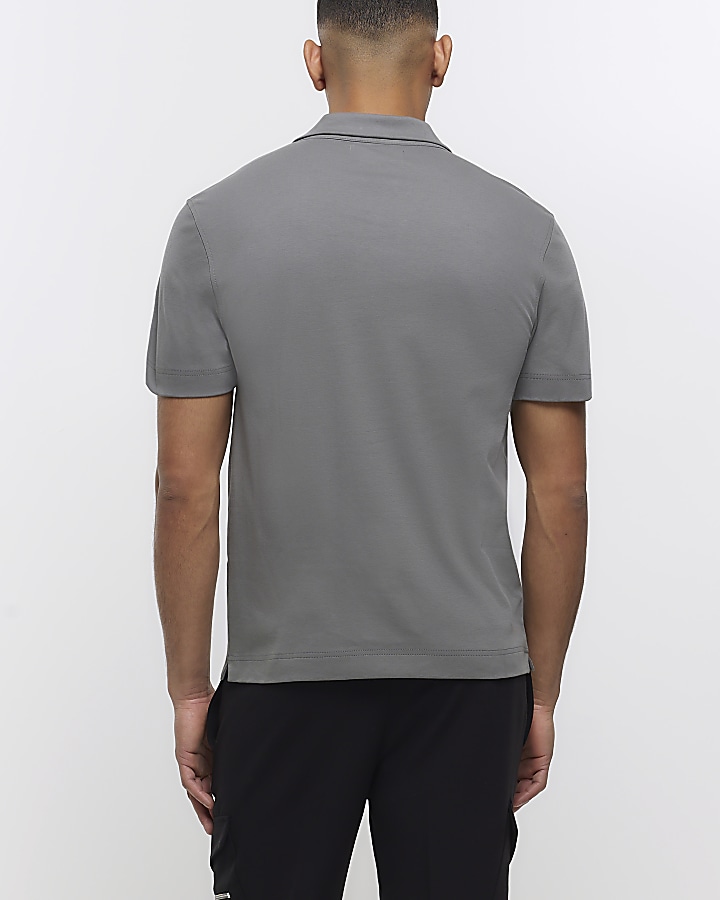 Grey slim fit open neck polo shirt