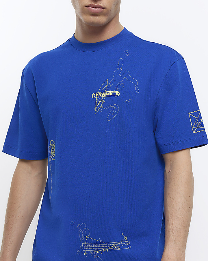 Blue regular fit multi graphic print tshirt River Island