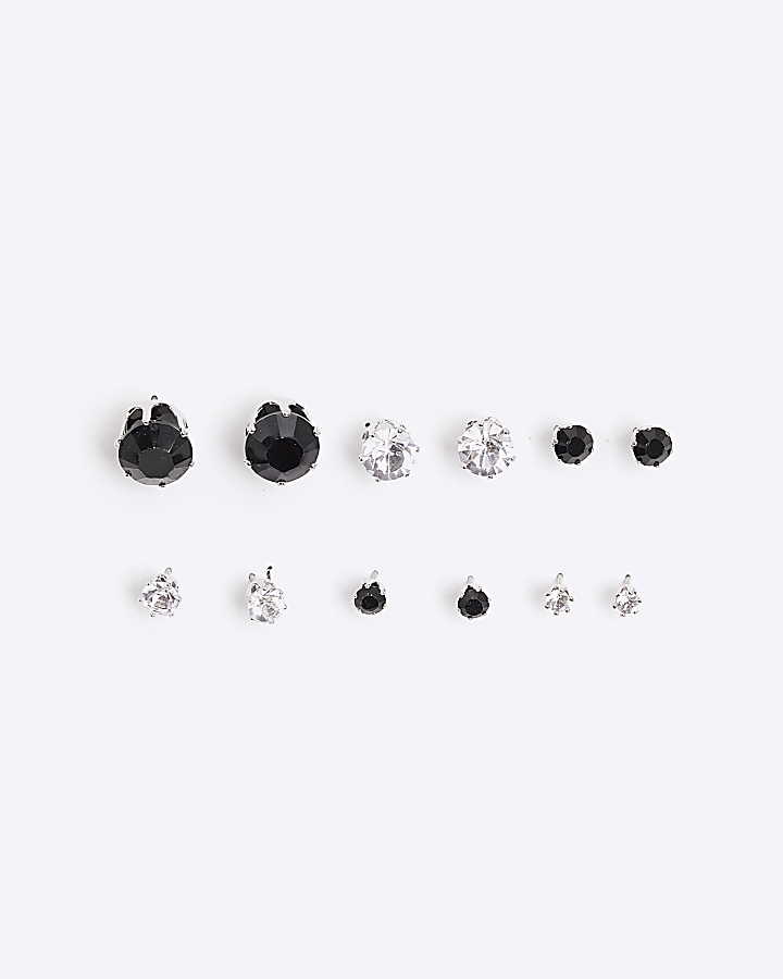 6PK silver colour diamante stud earrings