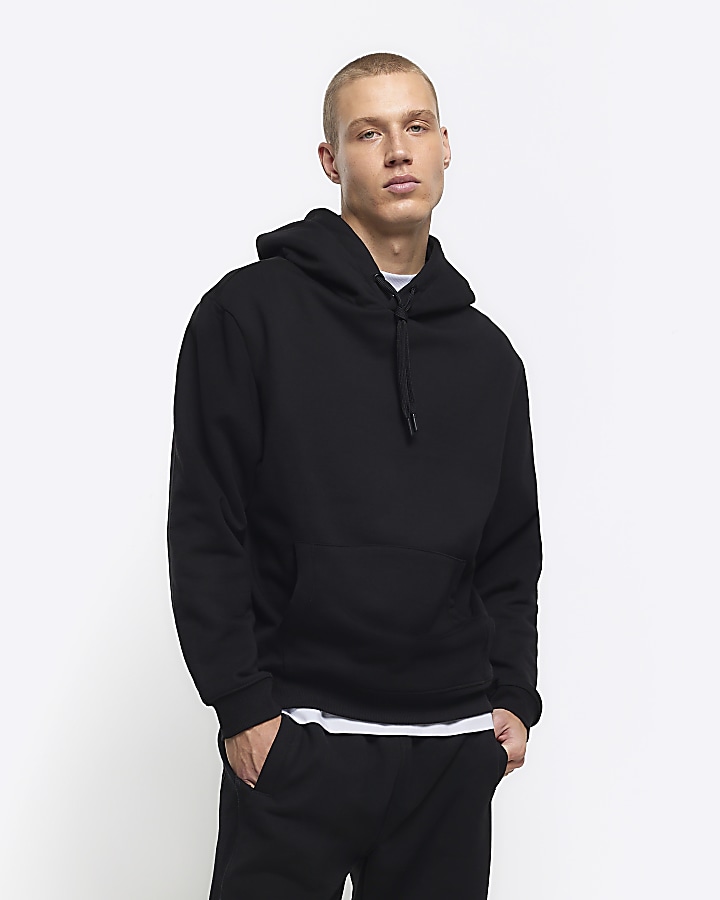 Black regular fit plain hoodie