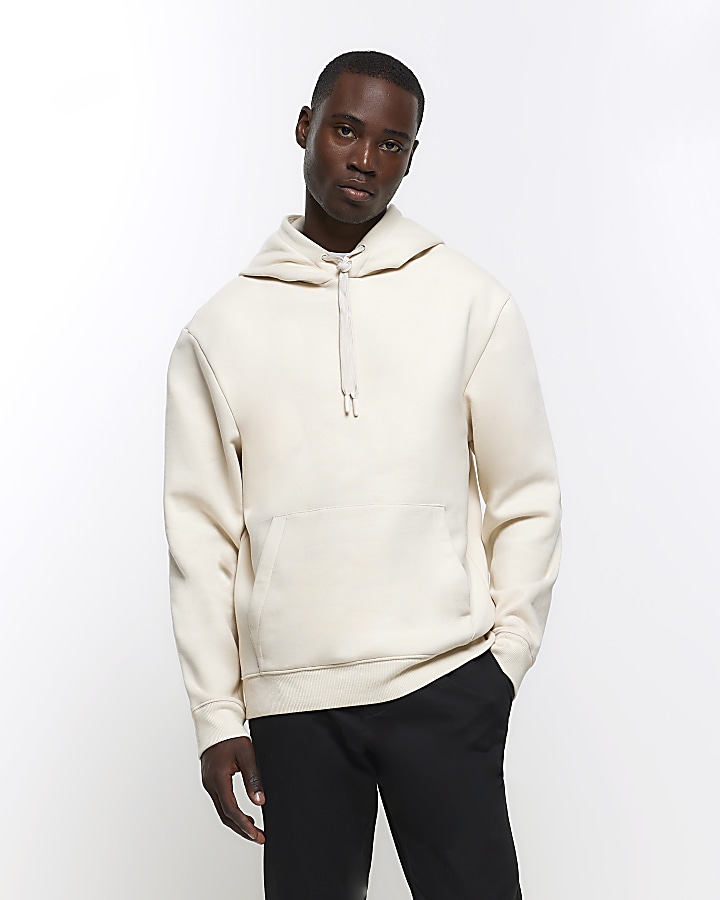 Beige regular fit plain hoodie