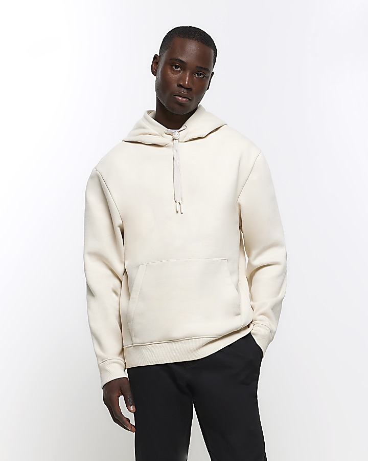 Ecru regular fit plain hoodie