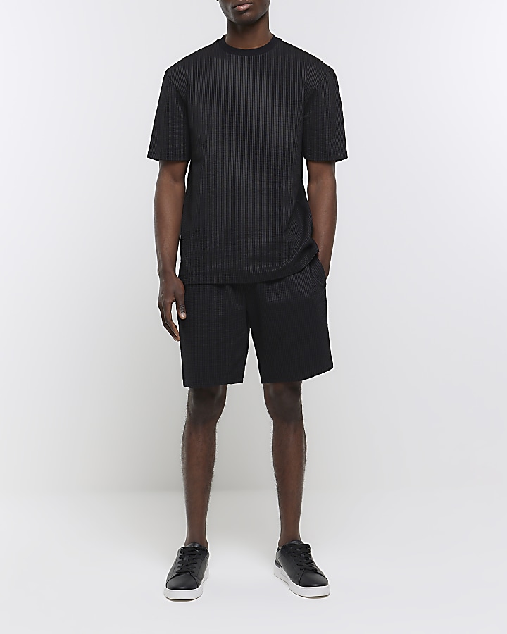 Black slim fit seersucker shorts