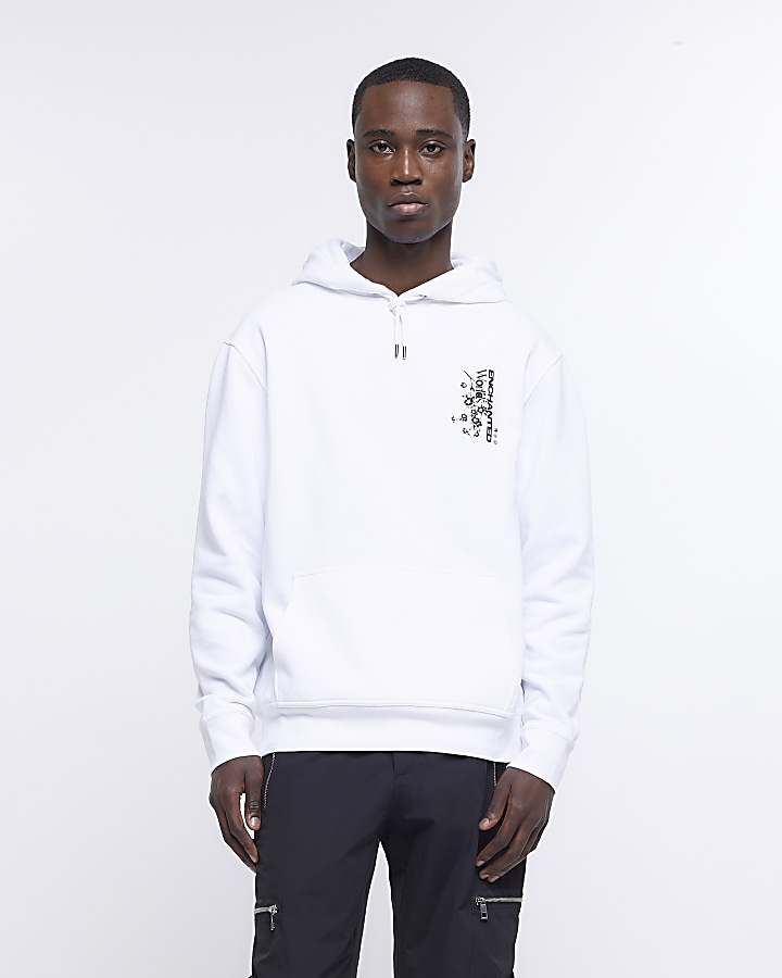 White regular fit Japanese graphic hoodie