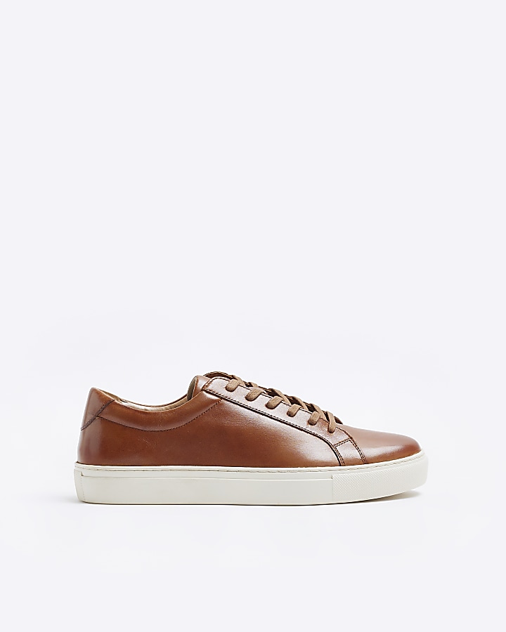 Brown leather lace up trainers