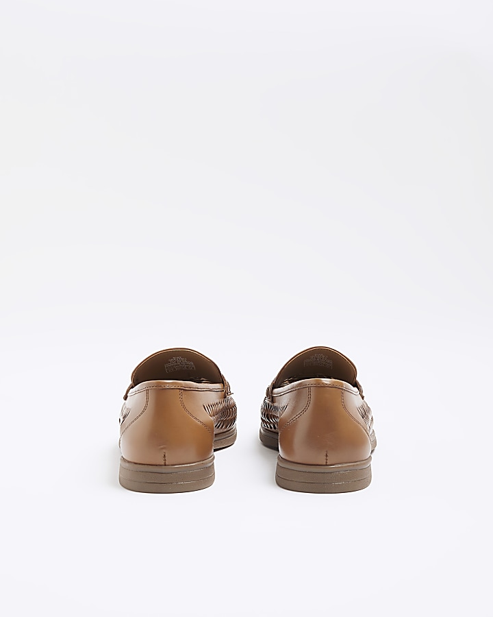 Brown leather weave loafers