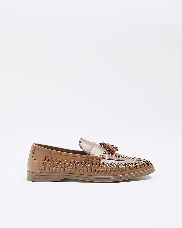 Brown leather weave loafers