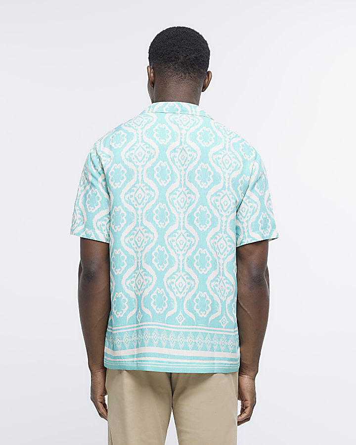 Blue regular fit Aztec print revere shirt