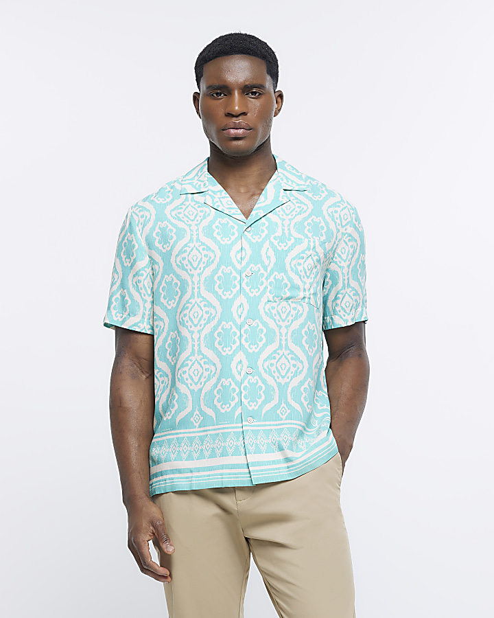 Blue regular fit Aztec print revere shirt