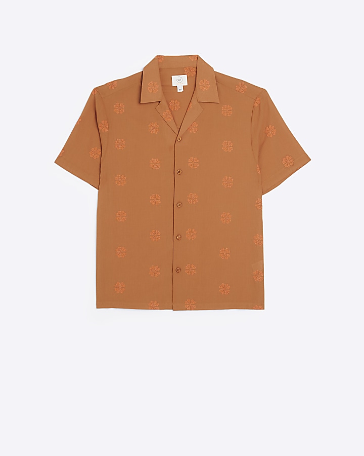 Rust regular fit embroidered revere shirt