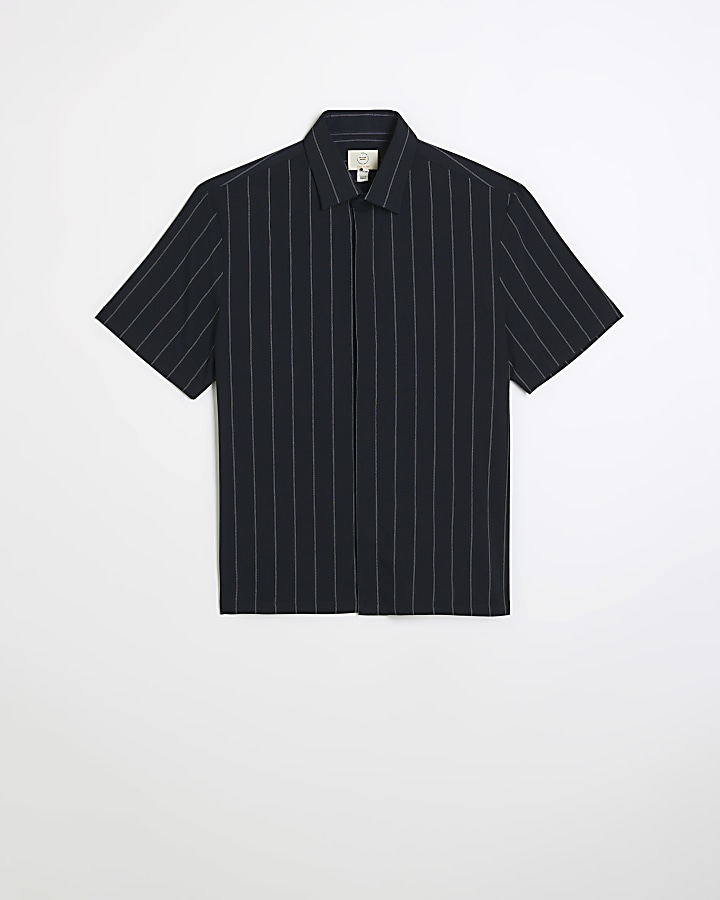 Navy regular fit striped short sleeve shirt