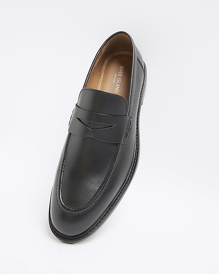 Black Leather Penny Loafers | River Island