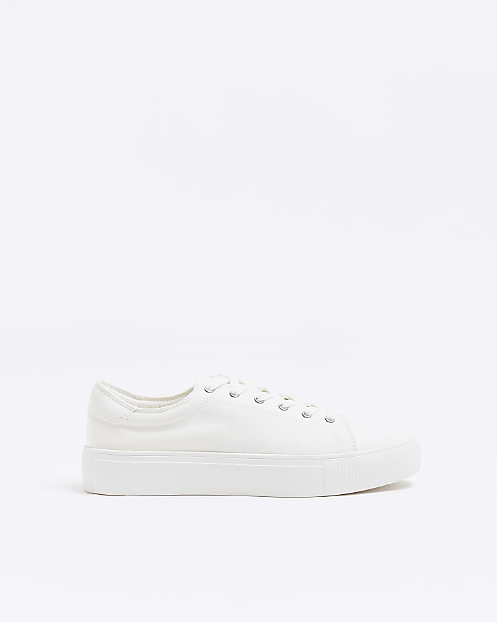 White lace up canvas trainers | River Island