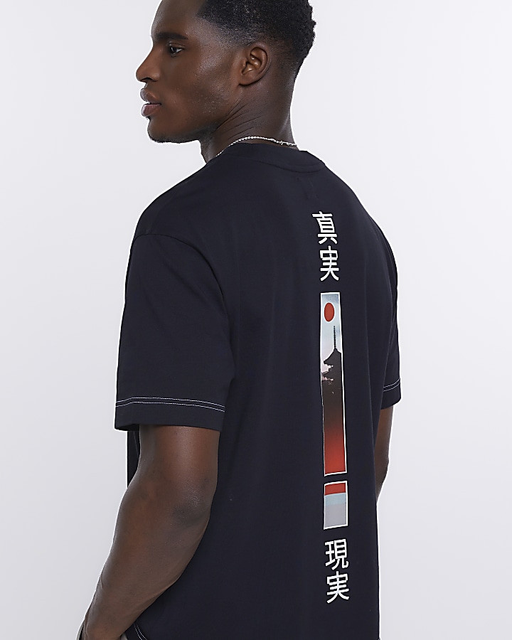 Black regular fit Japanese print t-shirt