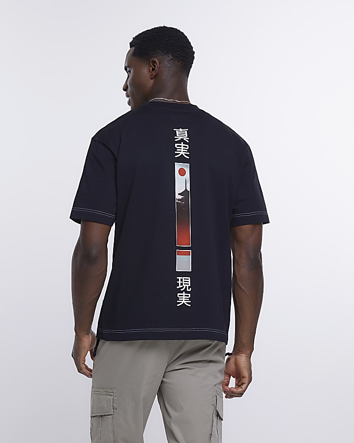 Black regular fit Japanese print t-shirt