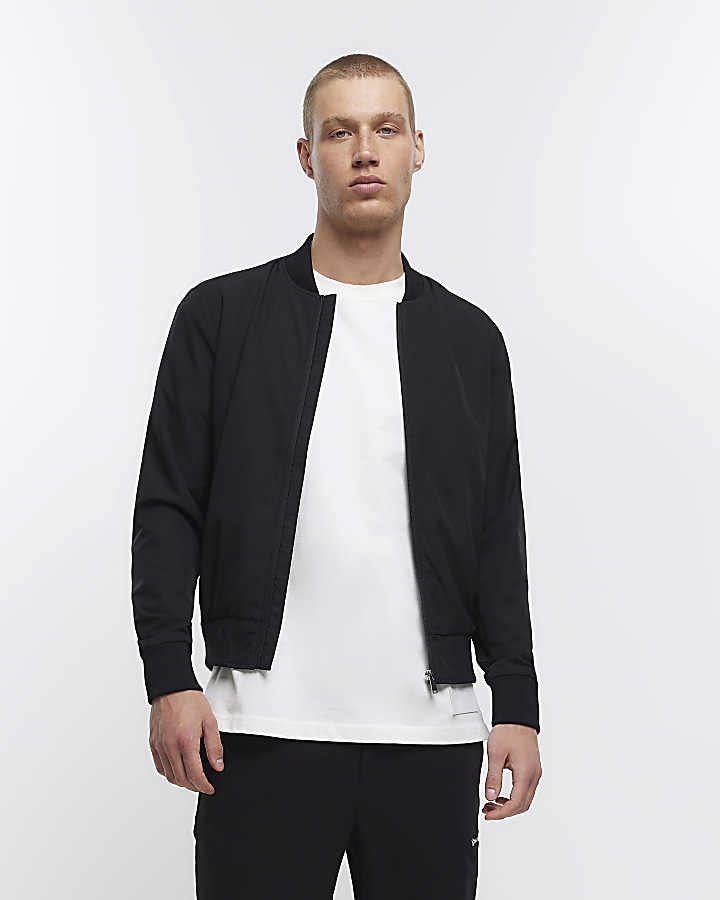 Black muscle fit zip up bomber jacket | River Island