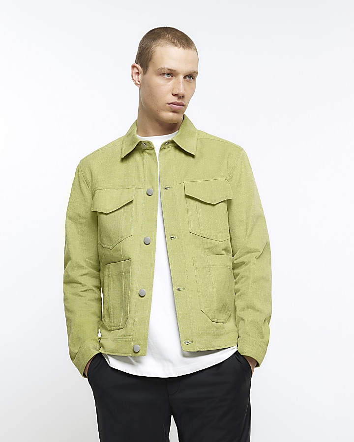 Green regular fit twill western jacket