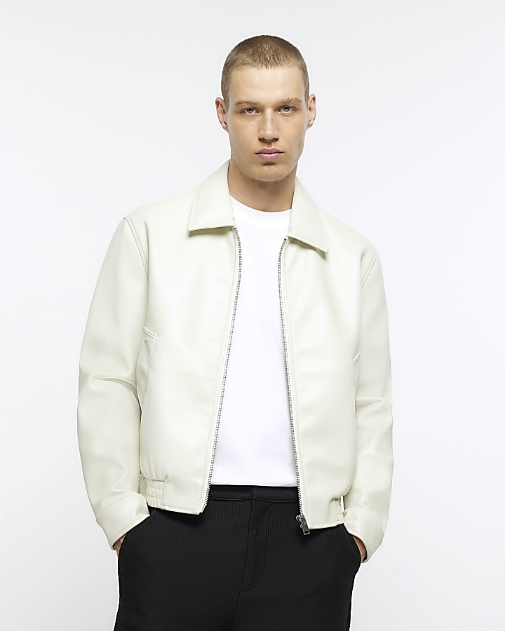 Ecru regular fit faux leather jacket