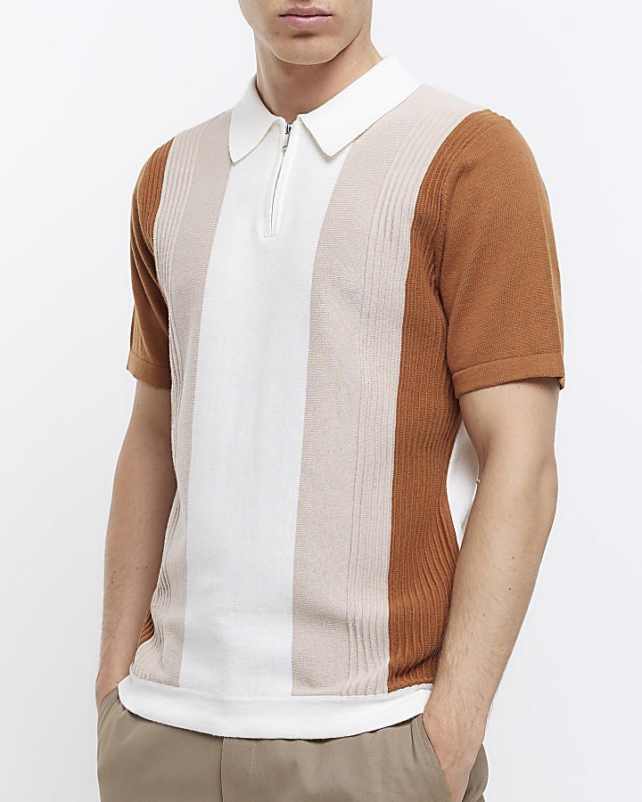 Ecru slim fit knitted colour block polo shirt