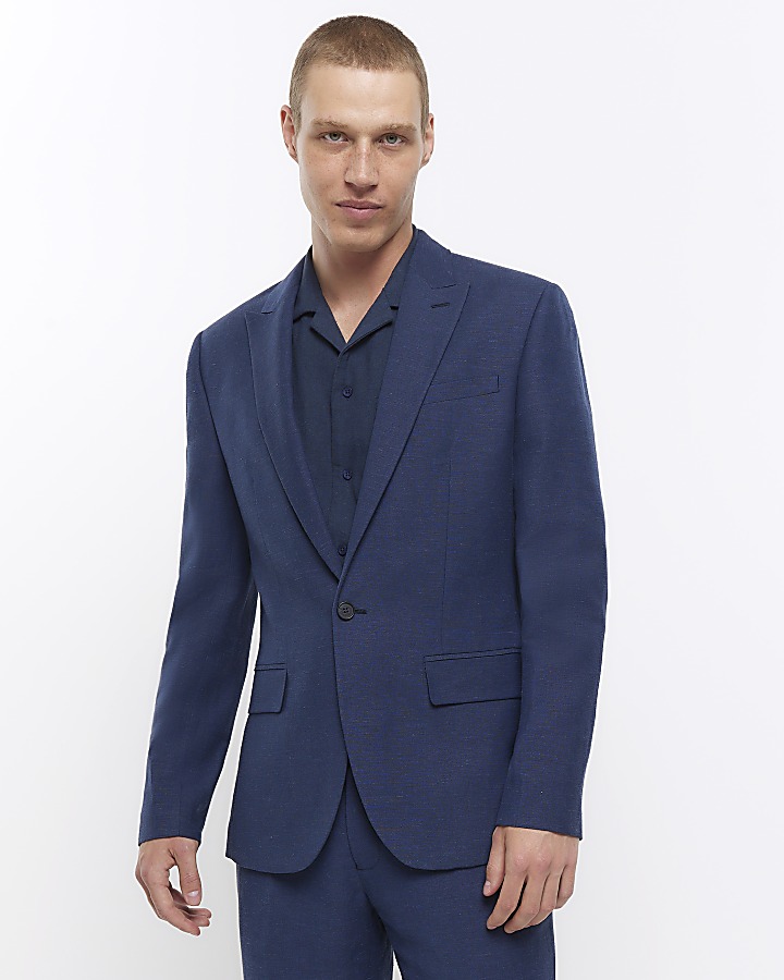 Blue slim fit linen blend suit jacket | River Island