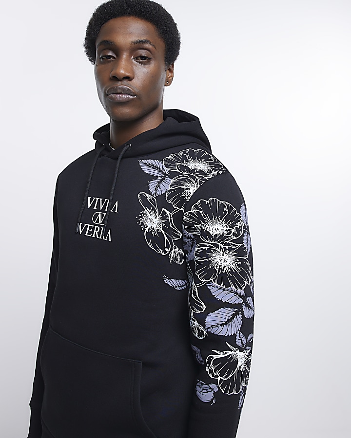 Black slim fit floral print hoodie