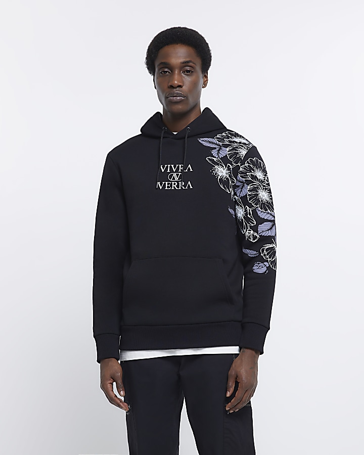 Black slim fit floral print hoodie