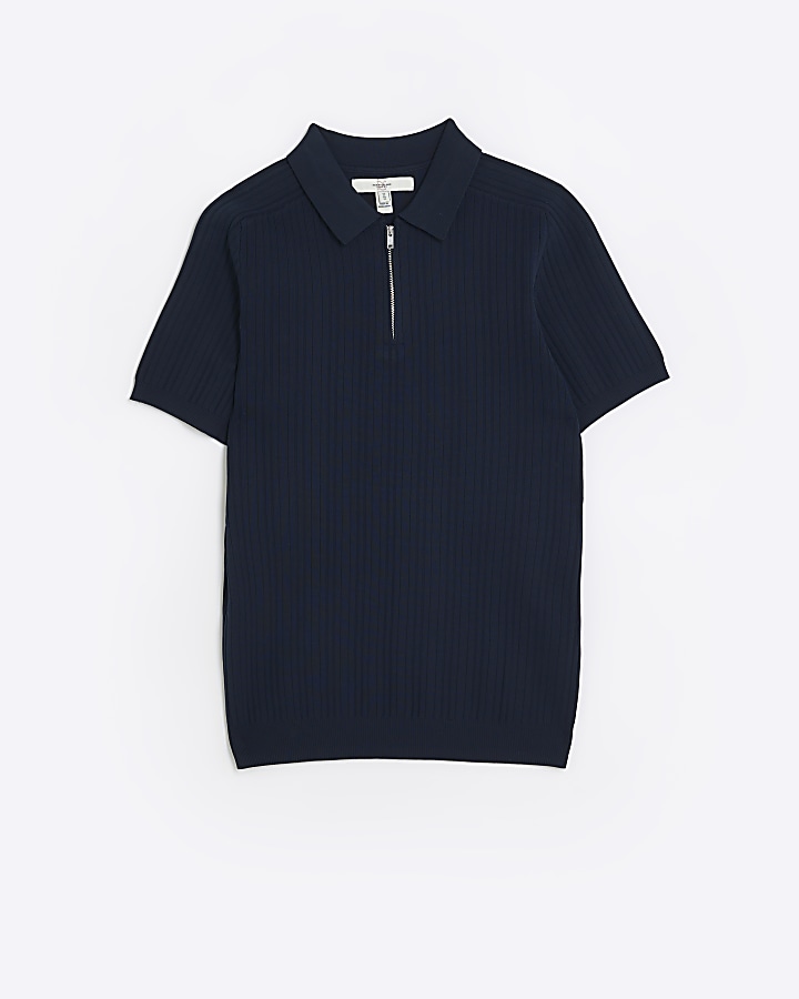 Navy muscle fit ribbed polo shirt