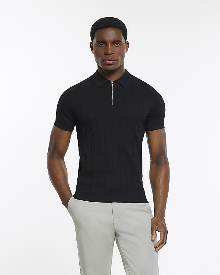 knitted muscle fit polo shirt in black