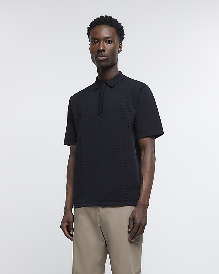 Black slim fit textured polo shirt | River Island