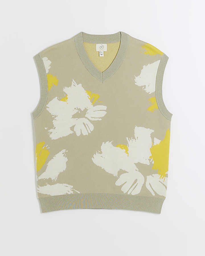 Green slim fit knitted floral vest