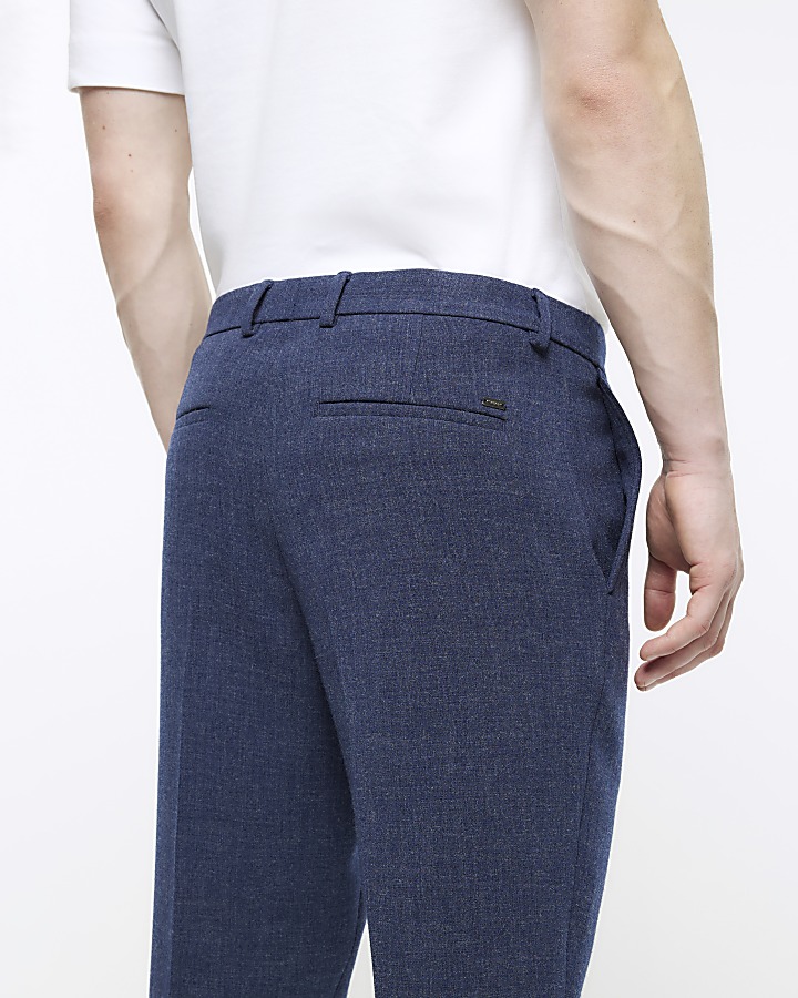 Navy slim fit textured smart trousers