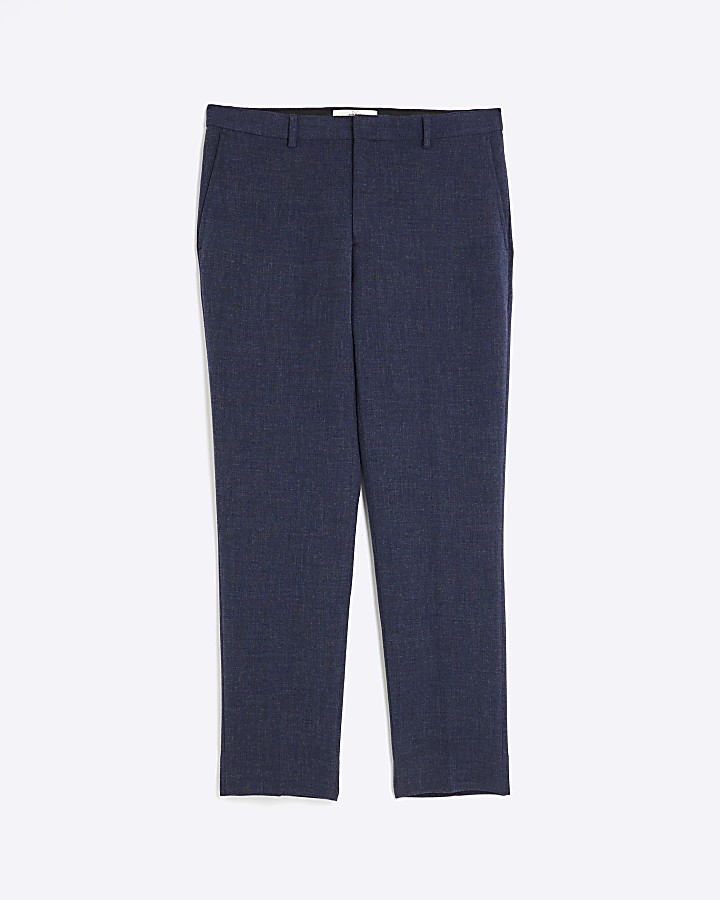 Navy slim fit textured smart trousers