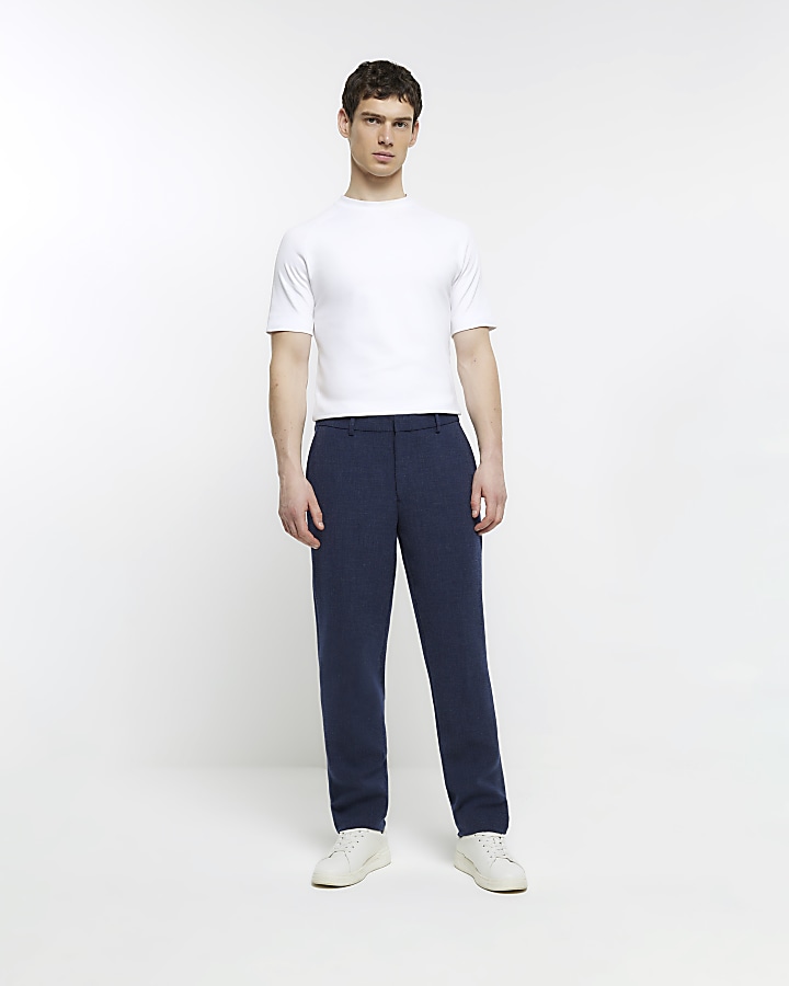 Navy slim fit textured smart trousers