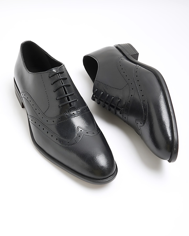 Black Leather brogue derby shoes | River Island