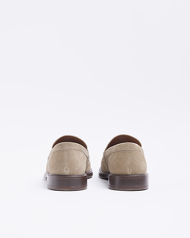 Stone suede penny loafers