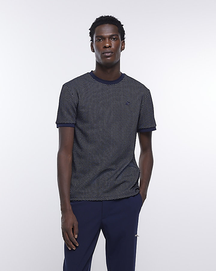 Navy muscle fit textured t-shirt | River Island